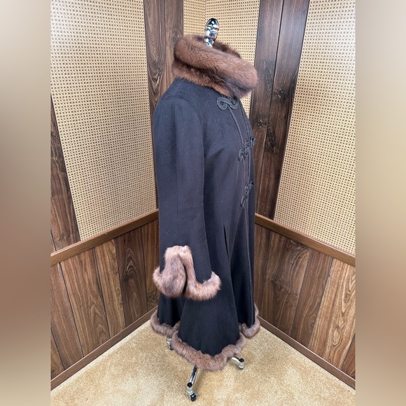 Carlo Tivioli Made in Italy Black Cashmere Wool & Russian Sable Trim Fur Coat - Picture 3 of 11